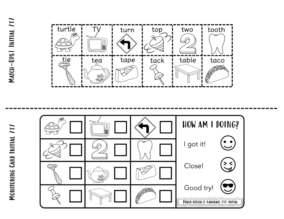 Black-and-white initial /t/ match-up squares and a check-off monitoring card with I got it, Close and Good try ratings