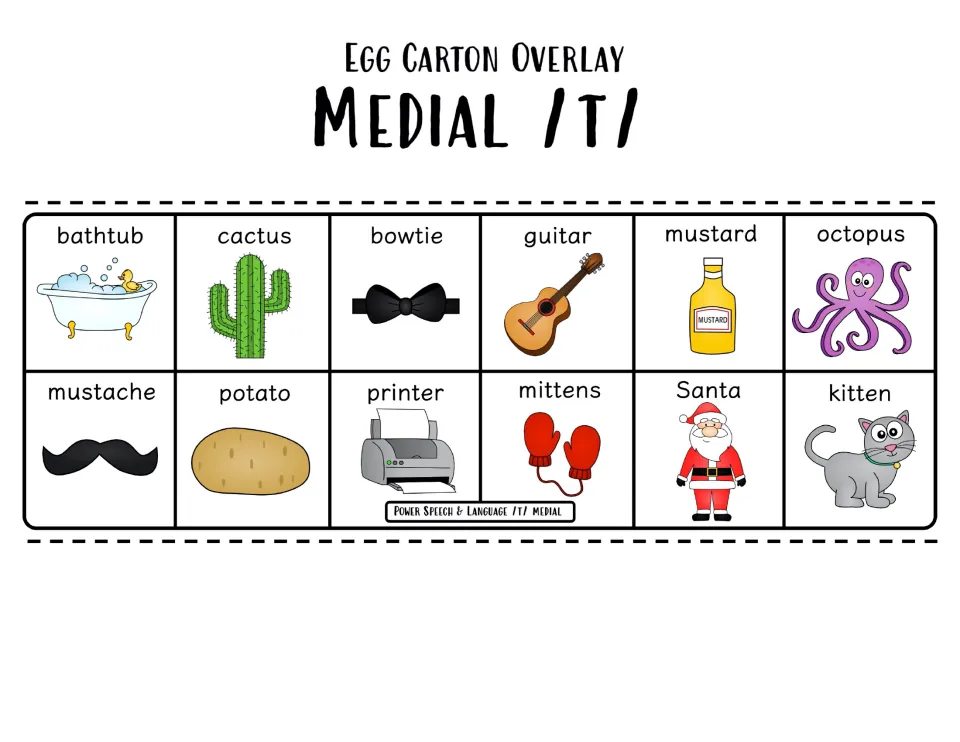 Medial /t/ overlay in color: 12 pictured words such as bathtub, cactus, guitar, potato, mittens and kitten to say aloud