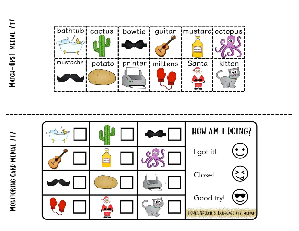 Medial /t/ match-up squares to cut out, plus a monitoring card for checking off words like octopus and Santa as said