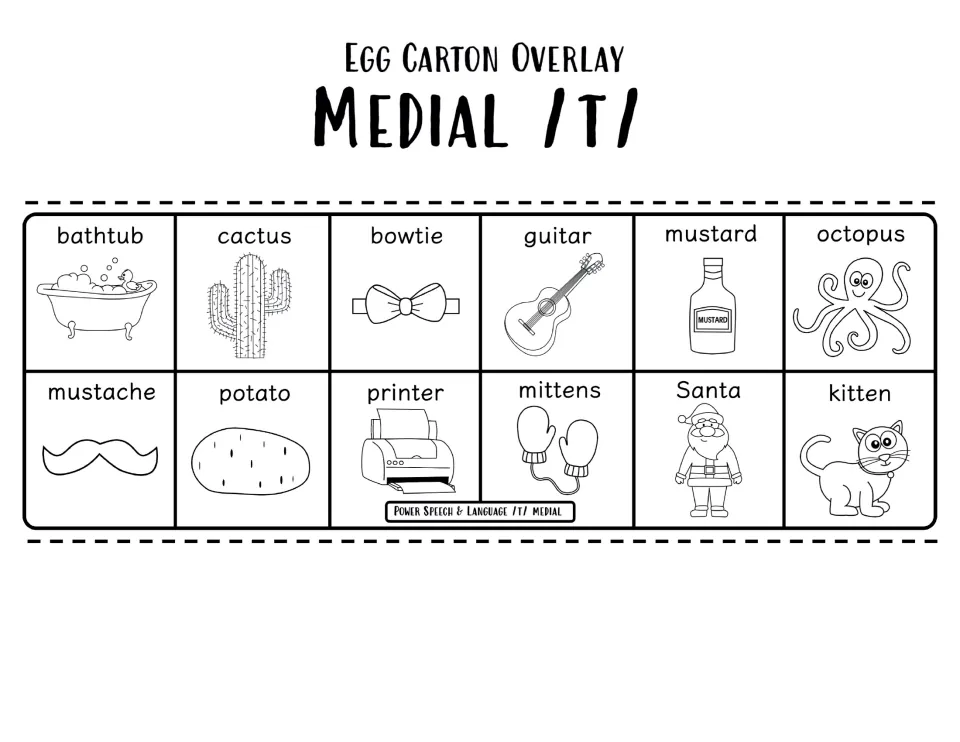 Black-and-white Medial /t/ overlay picturing bowtie, mustard, octopus, mustache, printer and Santa among 12 target words