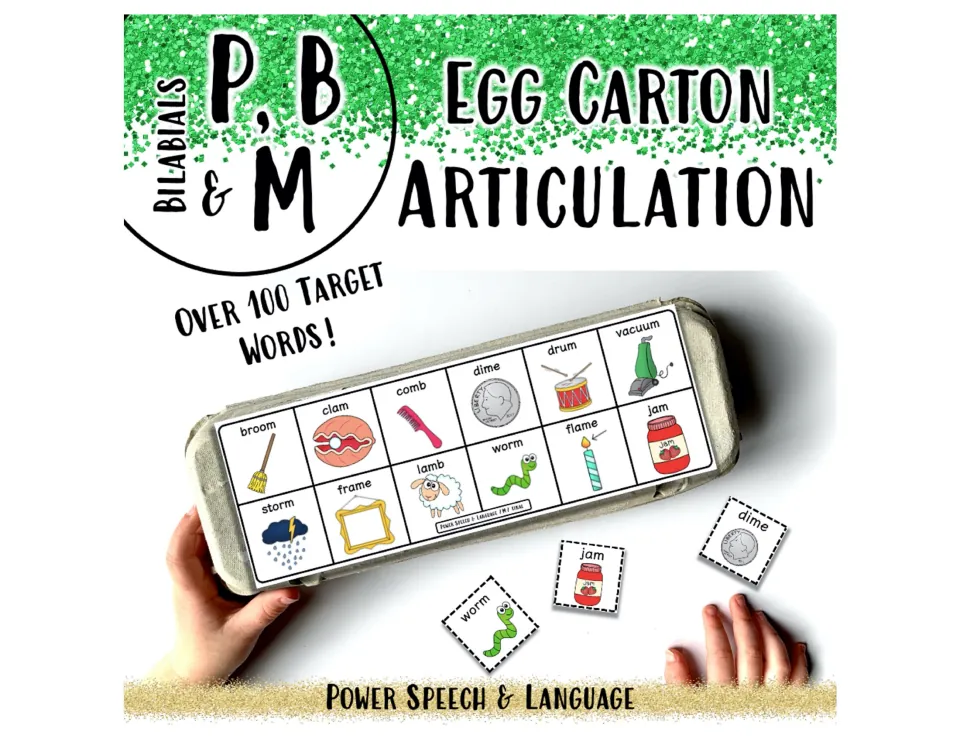 Bilabials P, B & M egg carton articulation cover: picture word overlay taped on an egg carton with match-up word squares