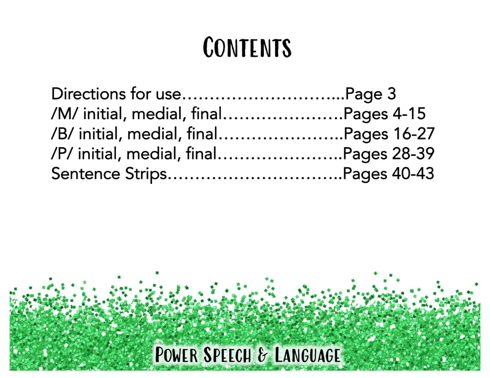 Contents list: directions, /m/, /b/ and /p/ initial, medial and final word sets, and sentence strips with page numbers