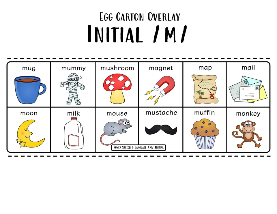 Initial /m/ color overlay of 12 pictured words such as mug, mummy, mushroom, magnet, moon, milk, mustache and monkey