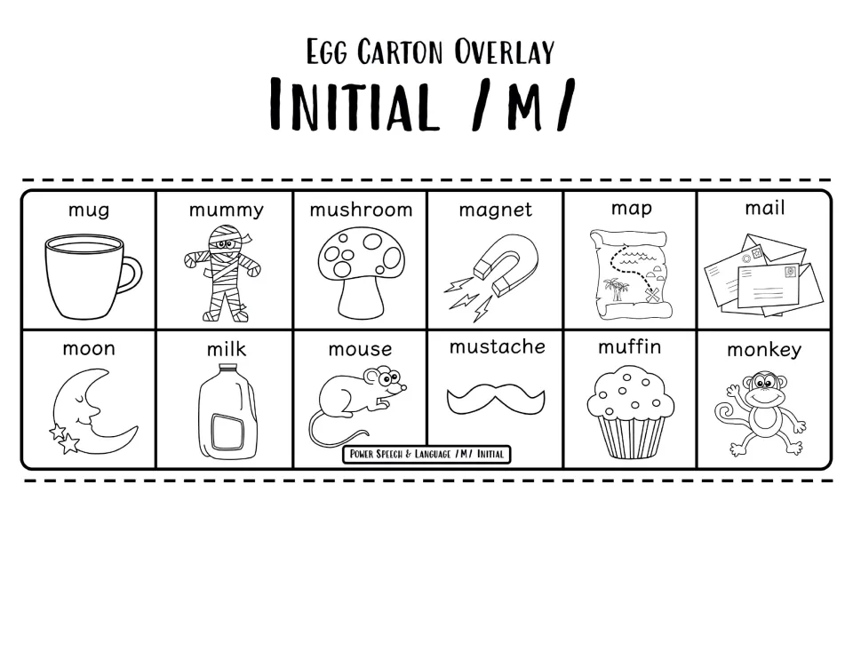 Black-and-white initial /m/ overlay with the same 12 words, including mug, map, mail, mouse, muffin and monkey