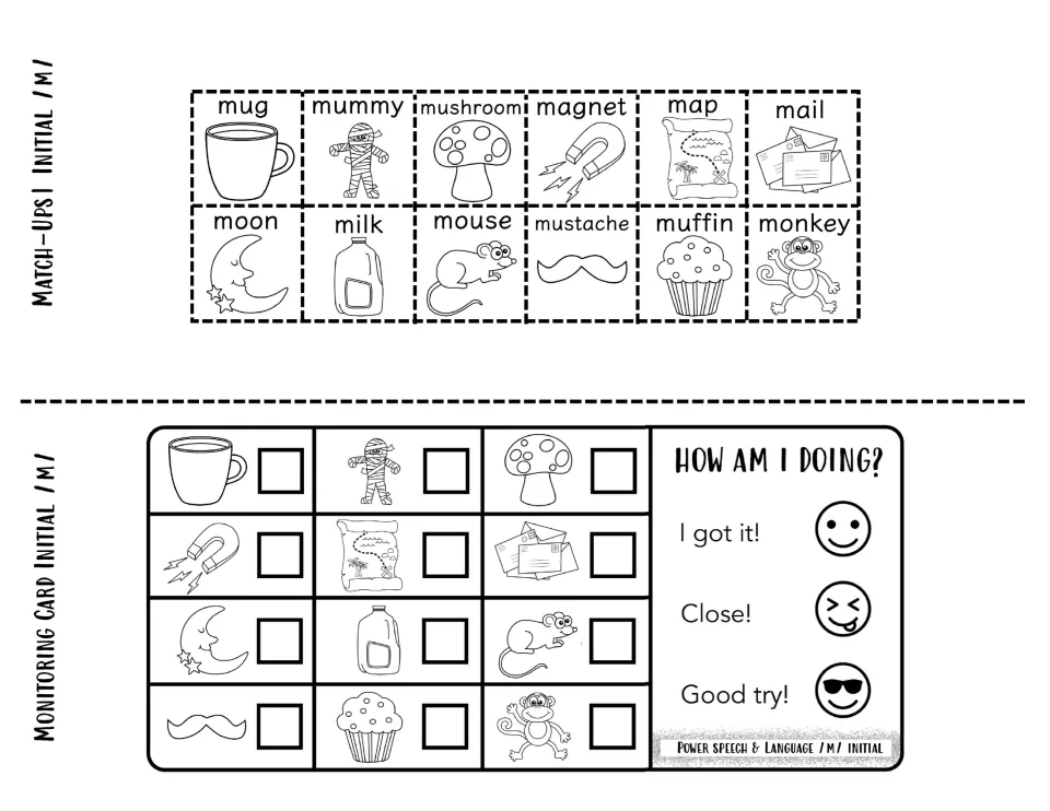 Black-and-white initial /m/ match-up squares to cut out and a monitoring card with I got it, Close and Good try ratings