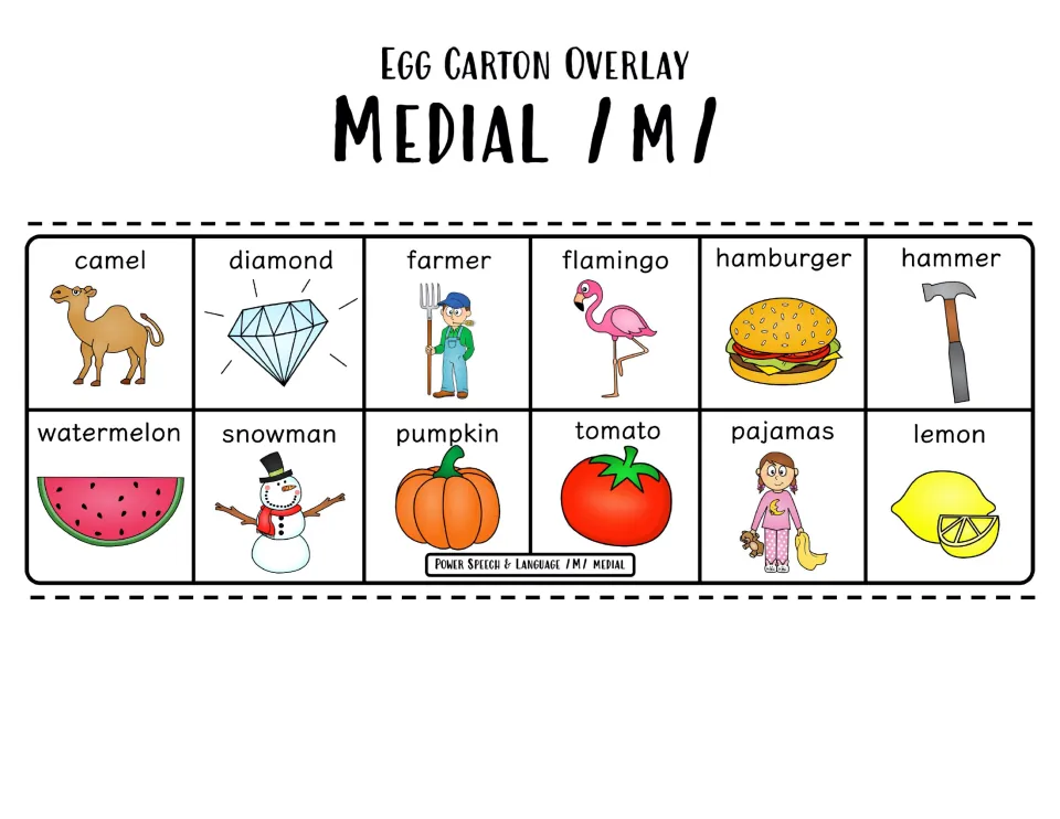 Medial /m/ color overlay of 12 words such as camel, diamond, farmer, hamburger, watermelon, snowman, pumpkin and lemon