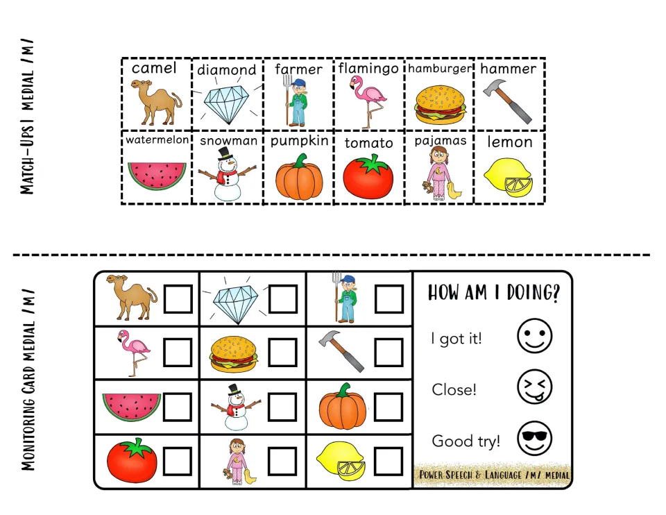Medial /m/ match-up squares, camel to lemon, to cut out, plus a monitoring card where students check words and self-rate
