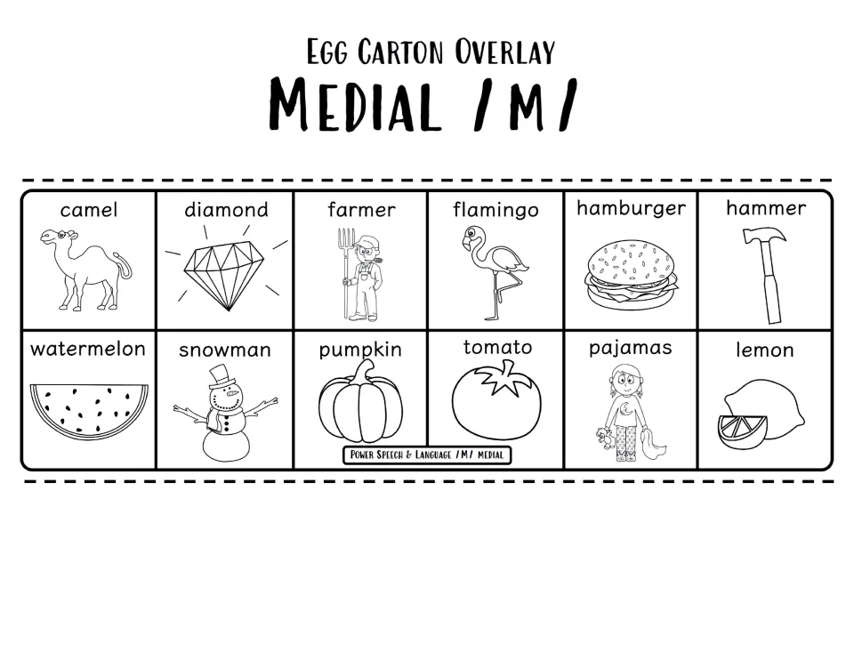 Black-and-white medial /m/ overlay: camel, diamond, flamingo, hammer, tomato, pajamas and other pictured words