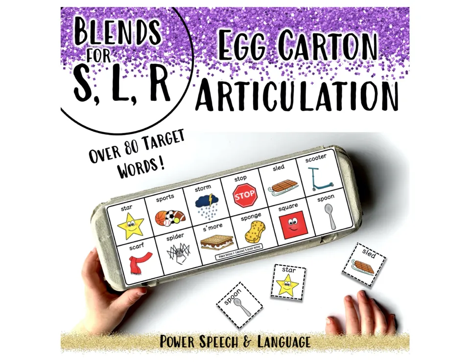 Cover for S, L and R blends egg carton articulation: a picture overlay taped on a carton, plus over 80 target words