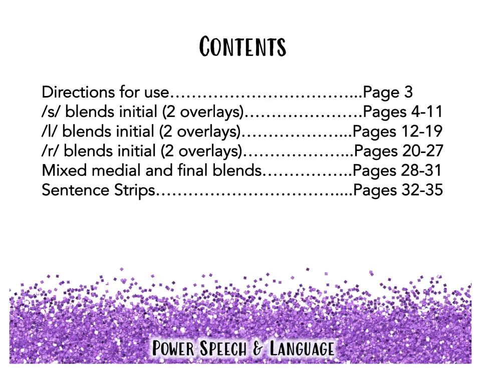 Contents list: directions, initial /s/, /l/ and /r/ blend overlays, mixed medial and final blends, and sentence strips