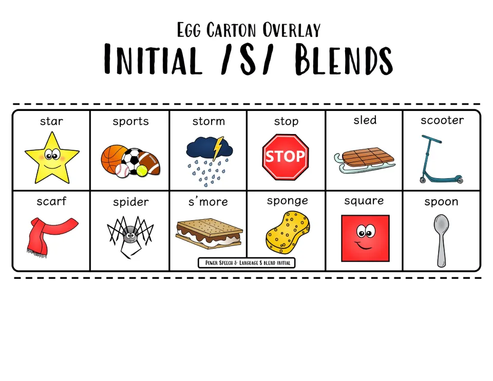 Initial /s/ blends color overlay of 12 pictured words, including star, sports, storm, sled, scarf, spider, sponge and spoon