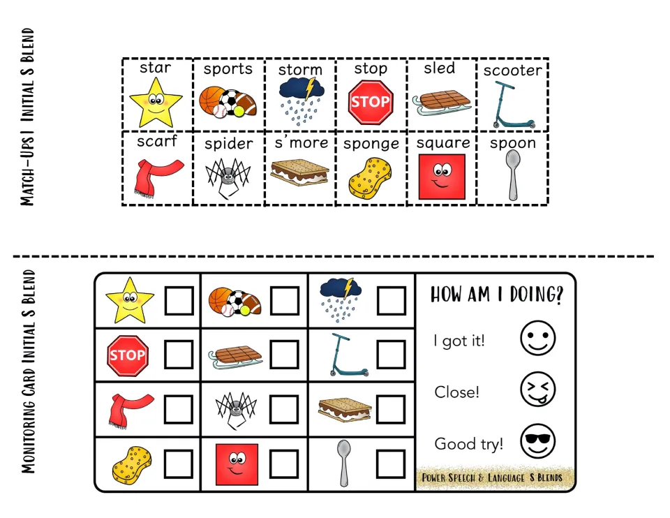 Initial s blend match-up squares, star to spoon, to cut out, plus a monitoring card to check off and rate each word