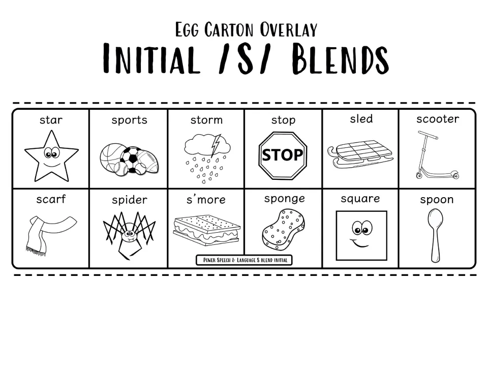Black-and-white initial /s/ overlay of the same 12 words, such as stop, scooter and s'more, to say in carton play