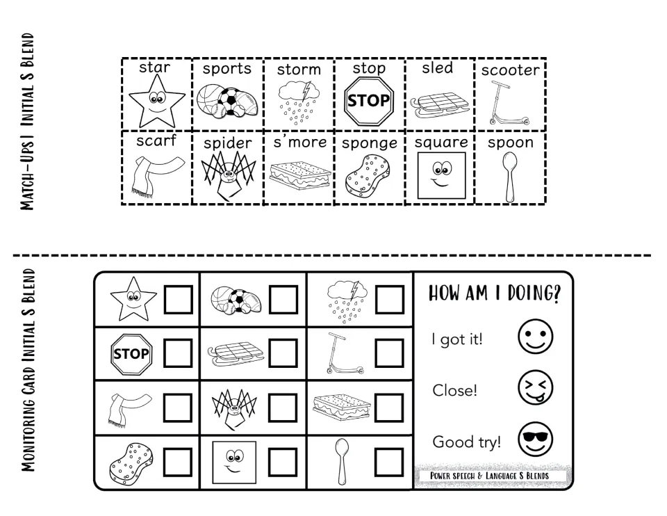 Black-and-white s blend match-up cut-outs and a check-off card with an I got it, Close or Good try self-rating scale