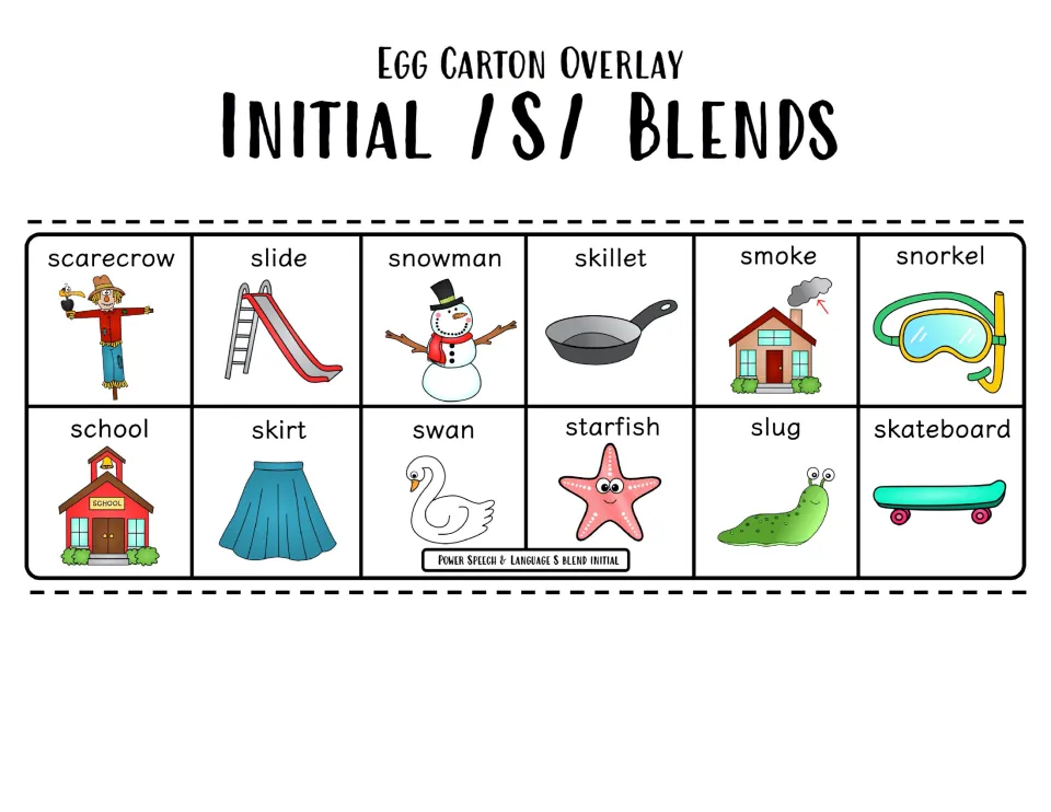 Second initial /s/ color overlay: scarecrow, slide, snowman, skillet, snorkel, school, skirt, swan, slug and more