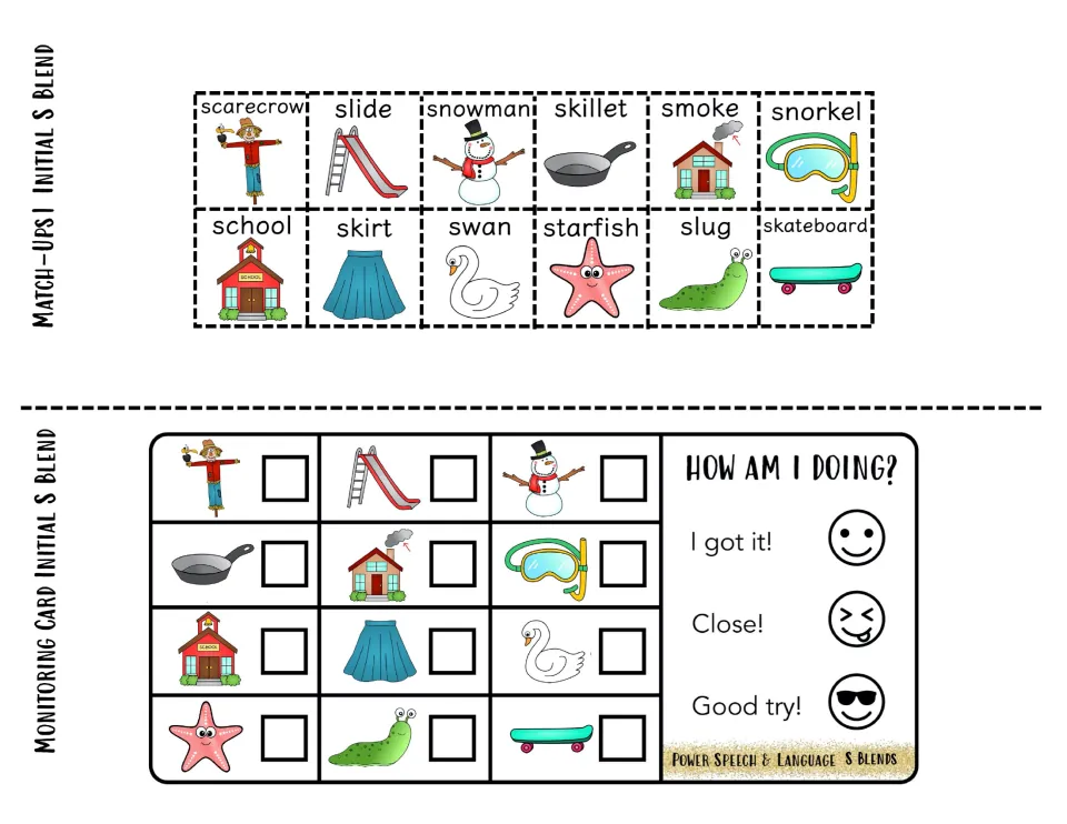 Set two s blend match-up squares, scarecrow to skateboard, with a monitoring card for marking each word said