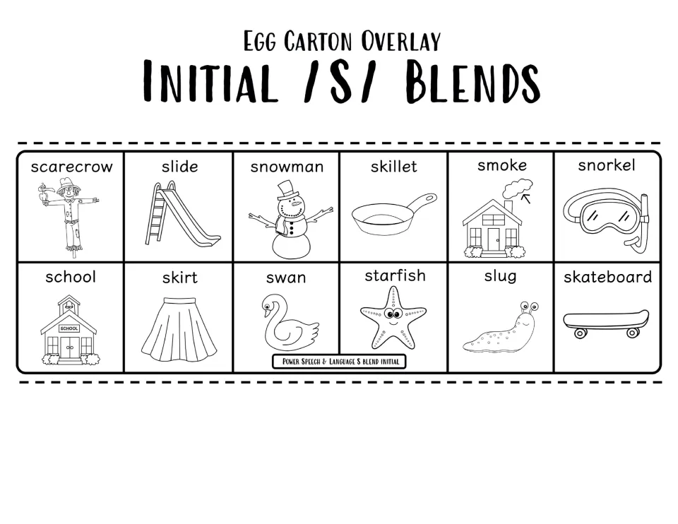 Line-art overlay for the second initial /s/ set, from scarecrow and snowman to starfish and skateboard, to say aloud