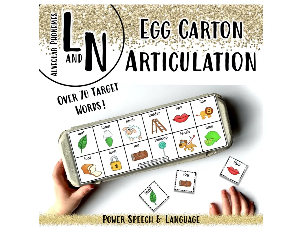 Egg Carton Articulation cover for L and N alveolar phonemes: a picture overlay taped to an egg carton with word cards