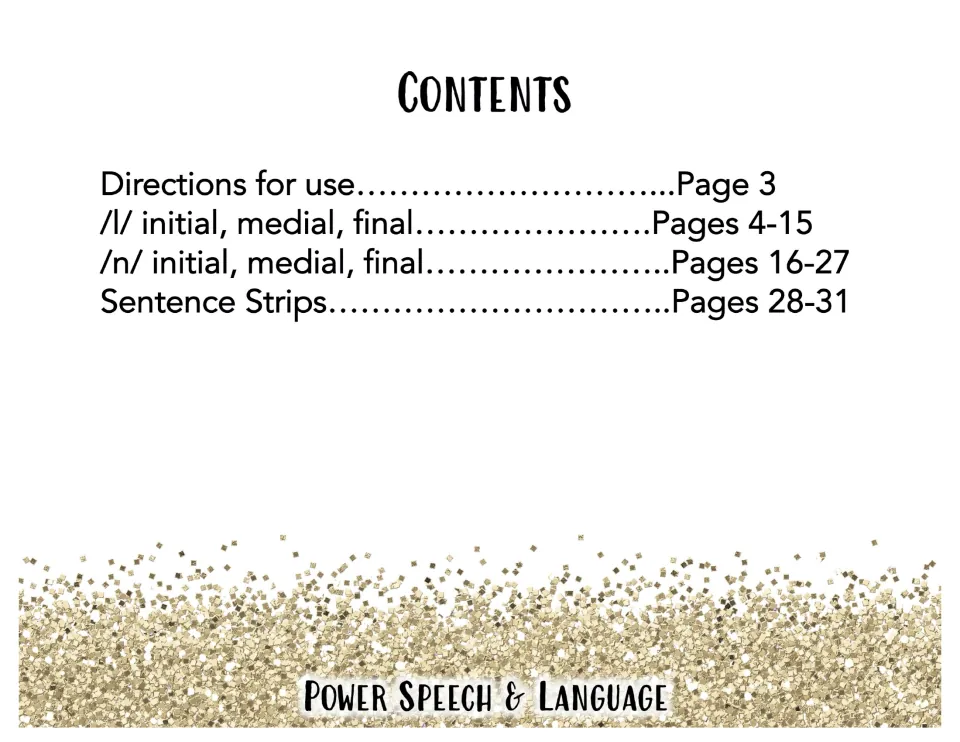 Contents list: directions on page 3, /l/ and /n/ initial, medial and final word sets, and sentence strips on pages 28-31