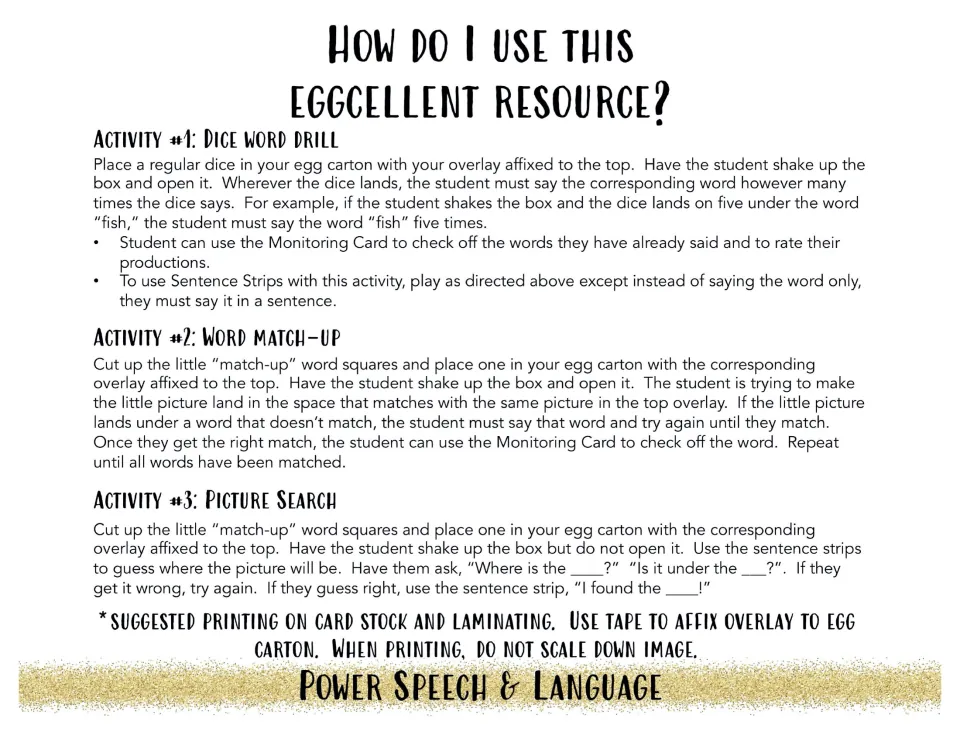 Directions for three egg carton games: dice word drill, word match-up and picture search, with printing and taping tips