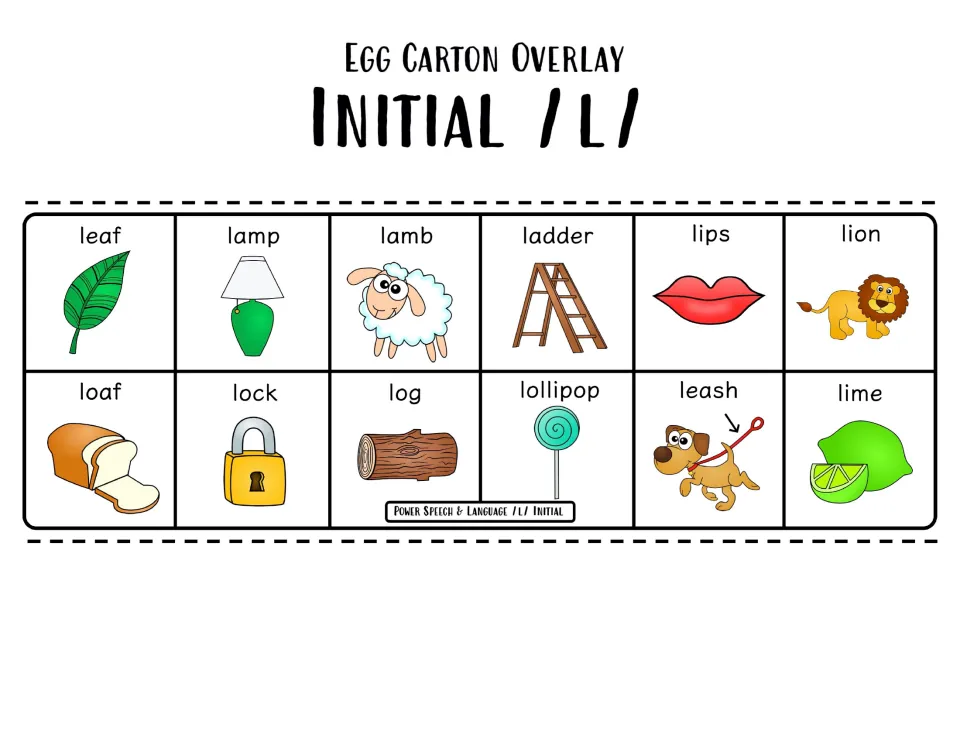 Initial /l/ egg carton overlay in color: 12 picture words such as leaf, lamp, lamb, ladder, lion, lollipop and lime