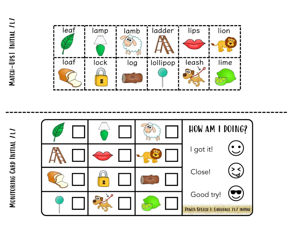Initial /l/ match-up word squares to cut out plus a monitoring card where students check off words and rate each try