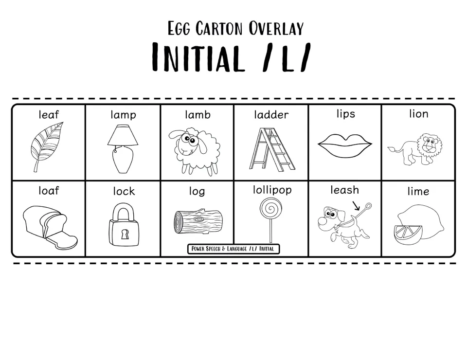 Black-and-white initial /l/ egg carton overlay with leaf, lamp, lamb, lips, loaf, lock, log, leash and lime pictures