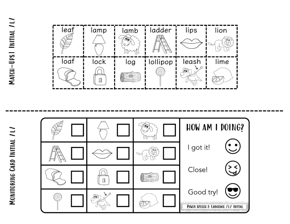 Black-and-white initial /l/ match-up squares and monitoring card with I got it, Close and Good try self-ratings