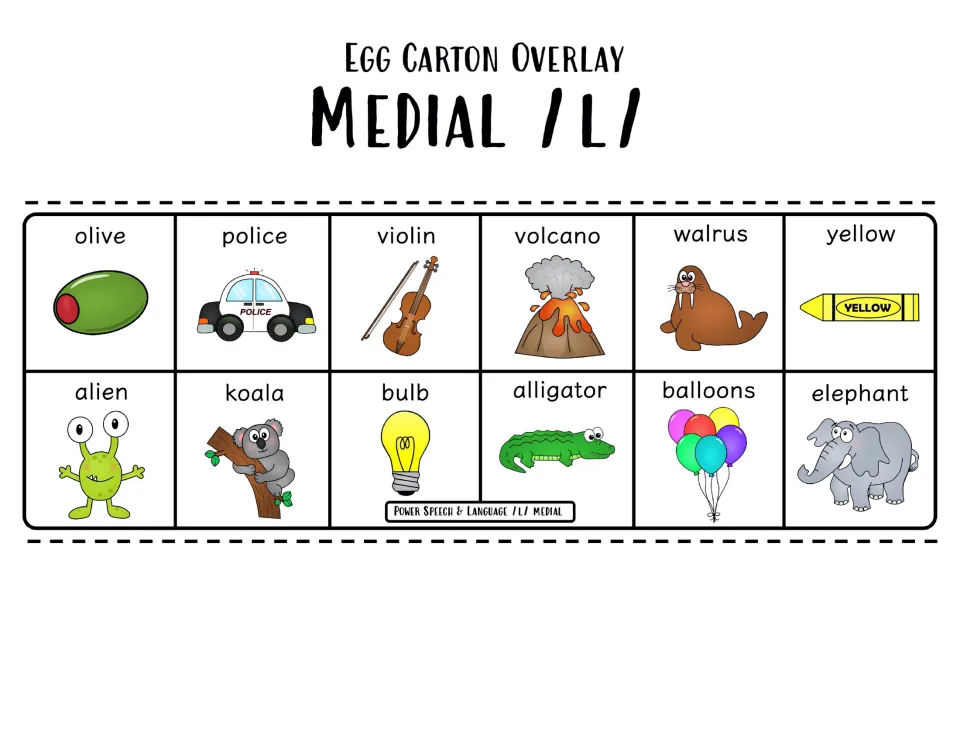Medial /l/ egg carton overlay in color: 12 pictures including olive, police, violin, volcano, walrus, koala and balloons