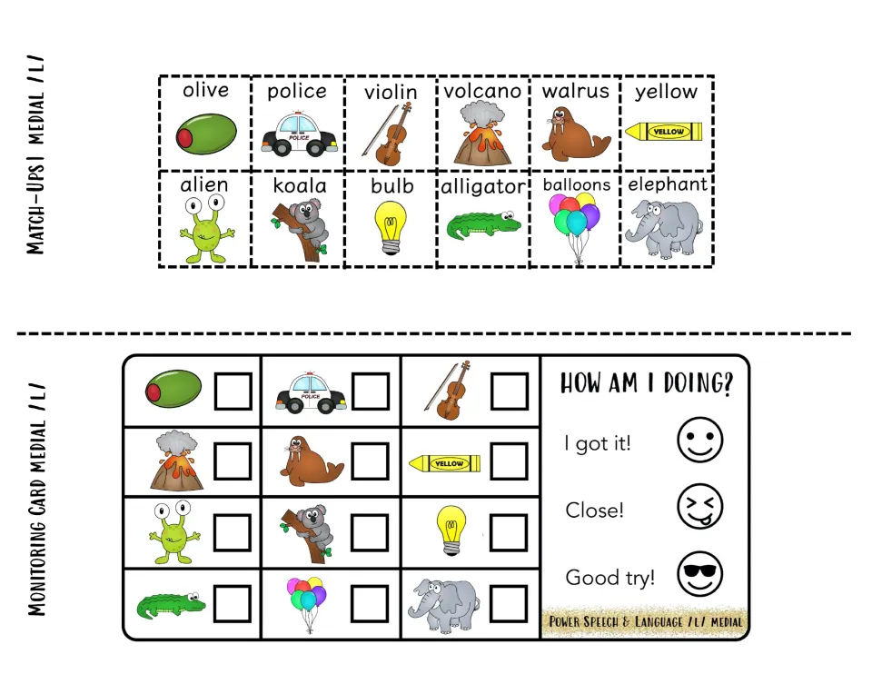 Medial /l/ match-up squares to cut out and a monitoring card for checking off words like alien, bulb and alligator