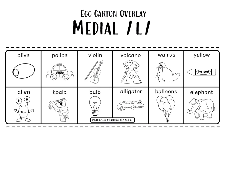 Black-and-white medial /l/ egg carton overlay: olive, yellow, alien, koala, bulb, alligator, balloons and elephant