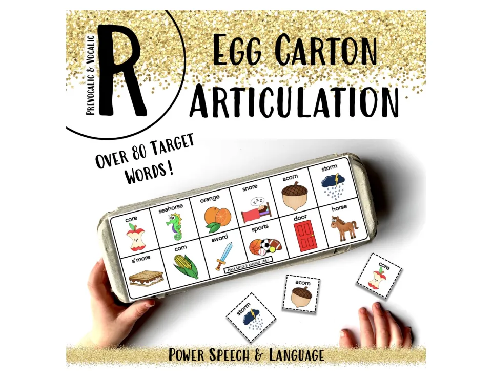 Egg Carton Articulation cover for prevocalic and vocalic R: an egg carton overlay of OR pictures and over 80 target words