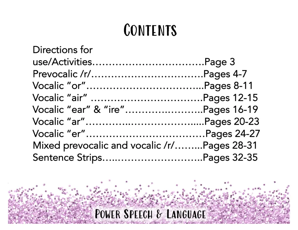 Contents list: directions, prevocalic /r/, vocalic or, air, ear and ire, ar, er, mixed /r/ word sets and sentence strips