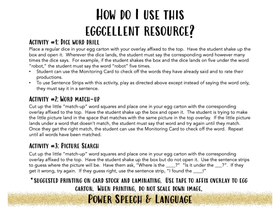 Directions for three R games: dice word drill, word match-up and picture search, played by shaking the carton to pick a word