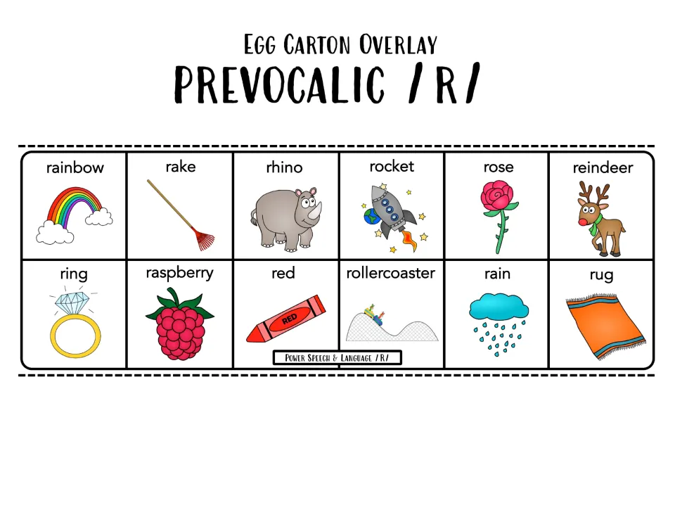 Prevocalic /r/ color overlay: students say 12 pictured words such as rainbow, rake, rhino, rocket, rose, reindeer and rug