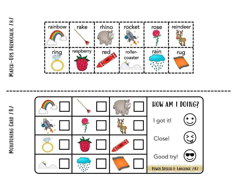 Prevocalic /r/ match-up cut-out squares plus a monitoring card where students check off each word and rate how they did