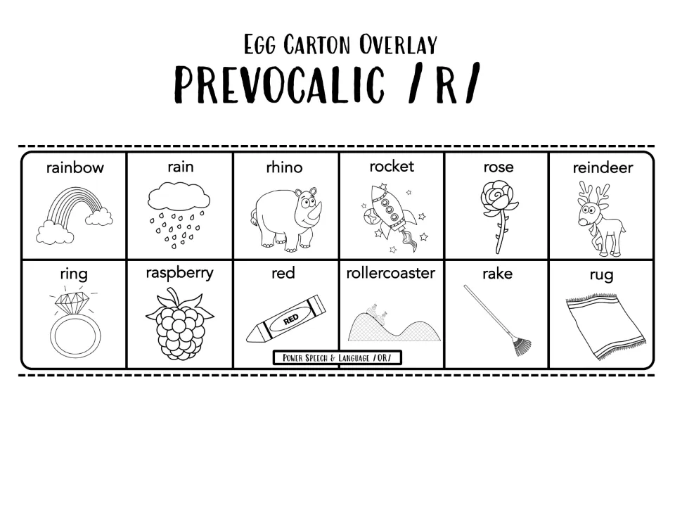 Black and white prevocalic /r/ overlay of 12 words to say, including rainbow, rain, rhino, rocket, raspberry, red and rake