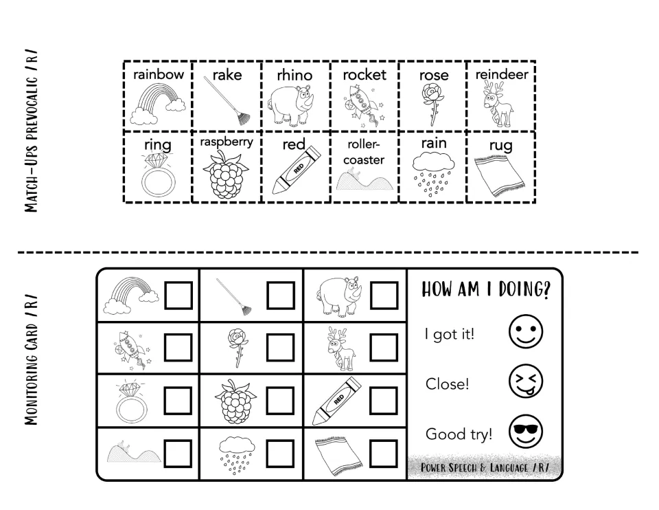 Black and white prevocalic /r/ match-up squares to cut out and a monitoring card for checking off and self-rating each word