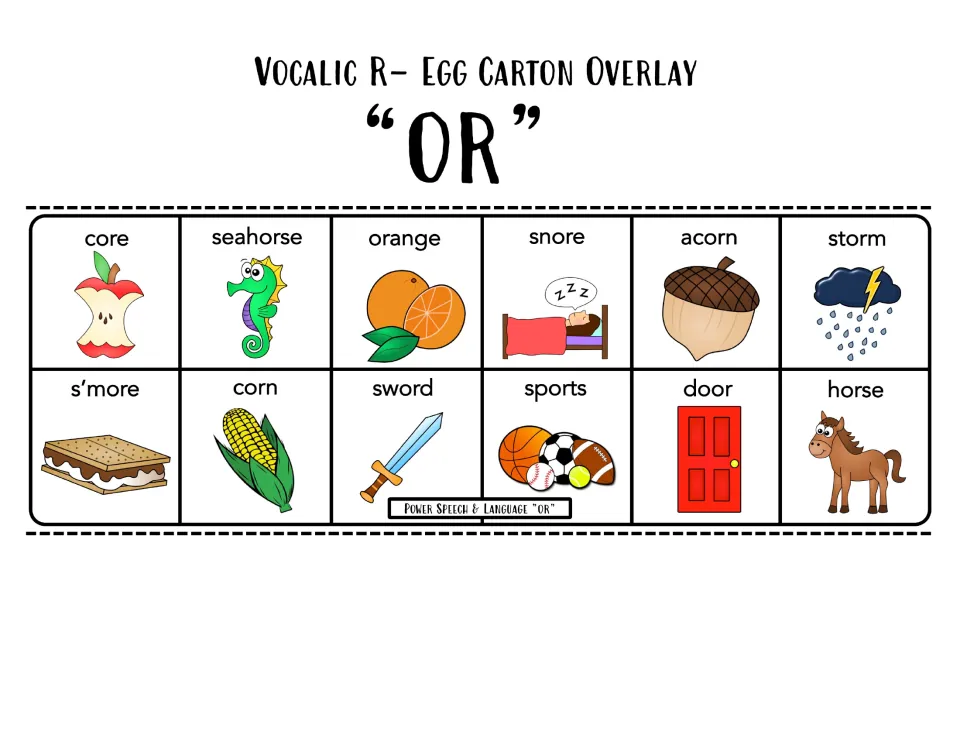 Vocalic R "or" color overlay of 12 words to say, such as core, seahorse, orange, snore, acorn, storm, corn, sword and horse