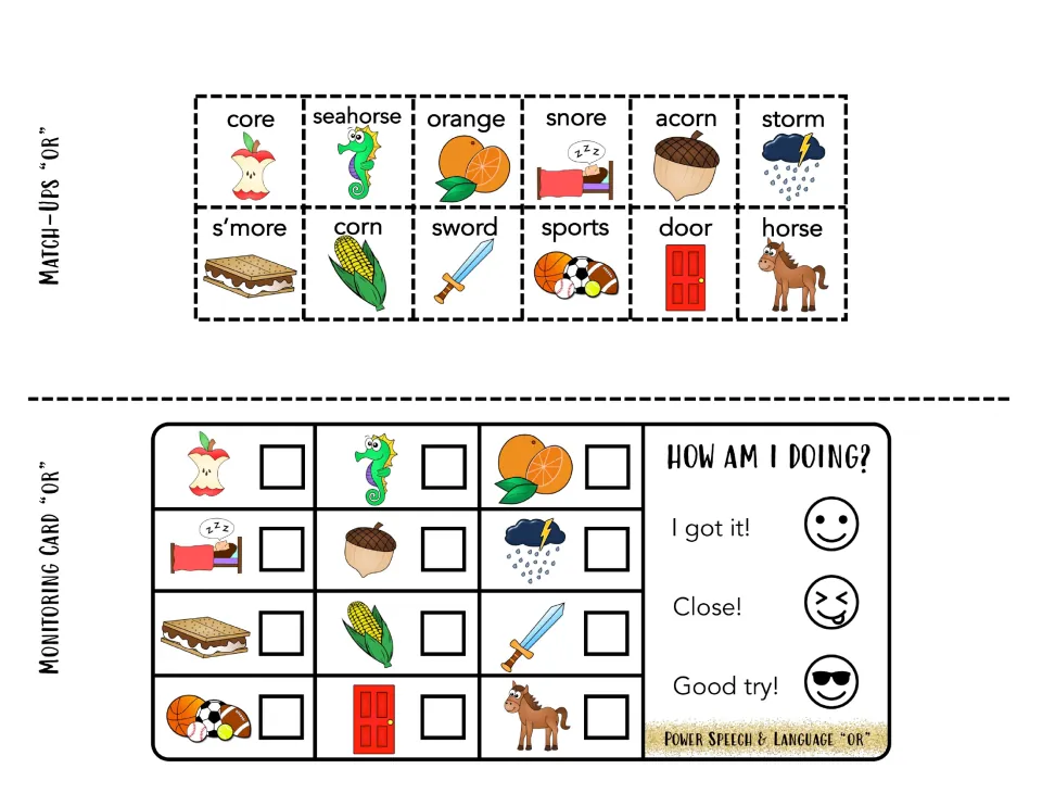 Vocalic "or" match-up word squares to cut out and a monitoring card for checking off core, s'more, door and other OR words