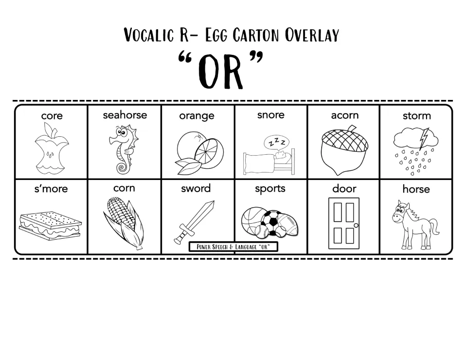 Black and white vocalic "or" overlay with 12 words to say, among them core, acorn, storm, s'more, sword, sports and door