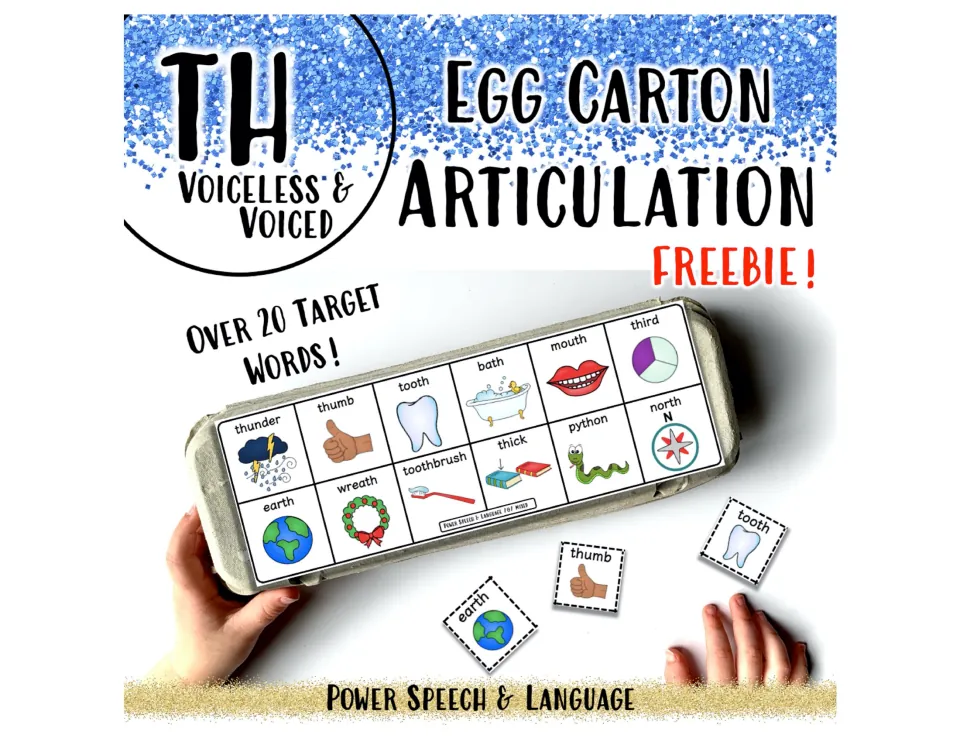 Egg Carton Articulation cover, TH voiceless and voiced: picture overlay taped on an egg carton, over 20 target words