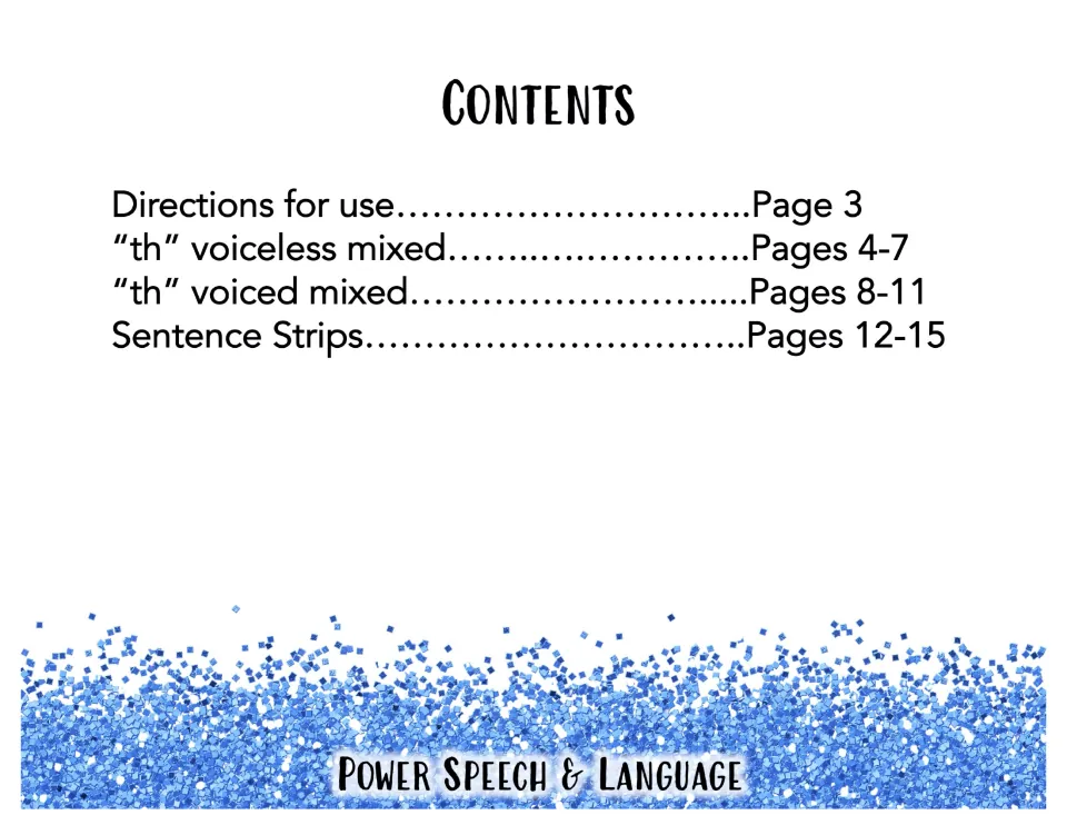 Contents list: directions, th voiceless mixed, th voiced mixed and sentence strip pages, each with its page numbers