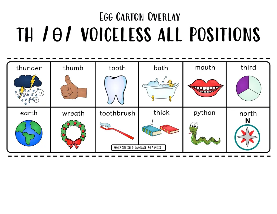 Color carton overlay for voiceless TH in all positions: 12 pictures such as thunder, tooth, bath, third and north