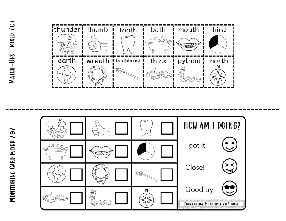 Black-and-white voiceless TH match-up squares and monitoring card where students tick words and pick a smiley rating