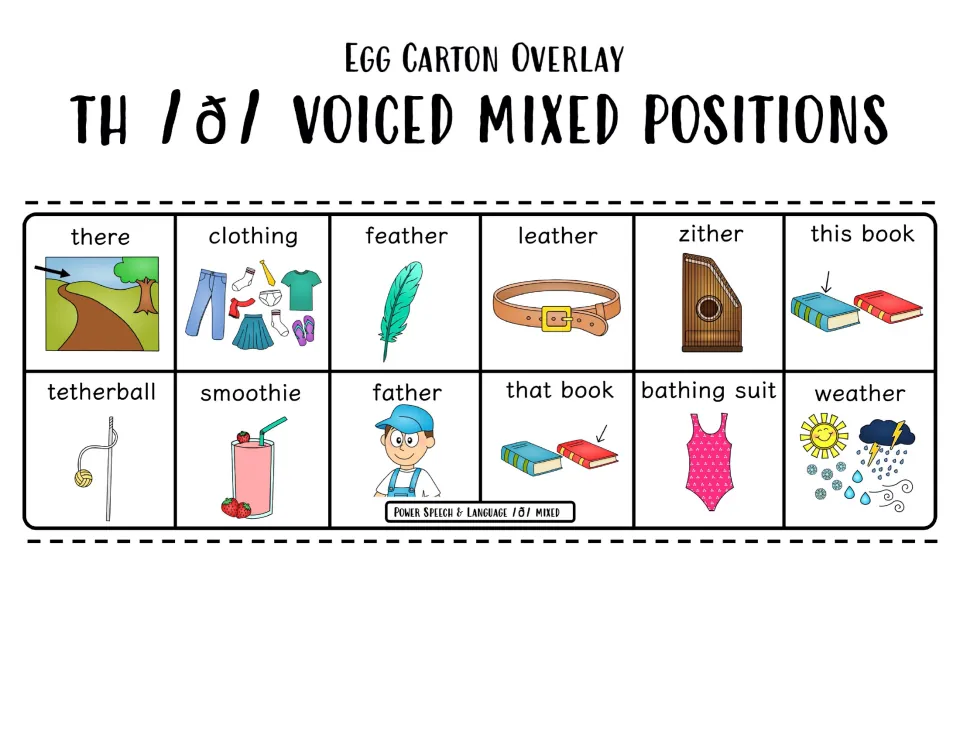 Color carton overlay for voiced TH in mixed positions: there, clothing, feather, zither, smoothie, father and weather