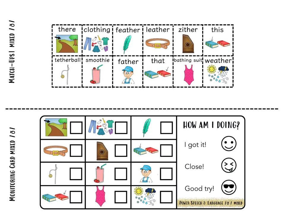 Voiced TH match-up squares to cut out, such as this, that and leather, and a monitoring card to check off and rate words