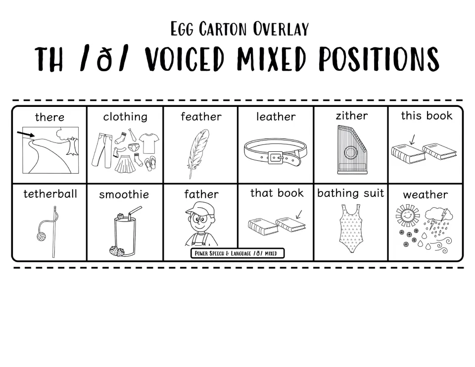 Black-and-white voiced TH overlay with 12 line-art words such as tetherball, bathing suit, this book and that book