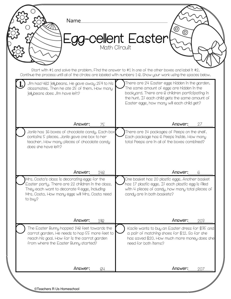 Easter math circuit: eight word problems about jellybeans, eggs, candy, Peeps, hopping distance, and money