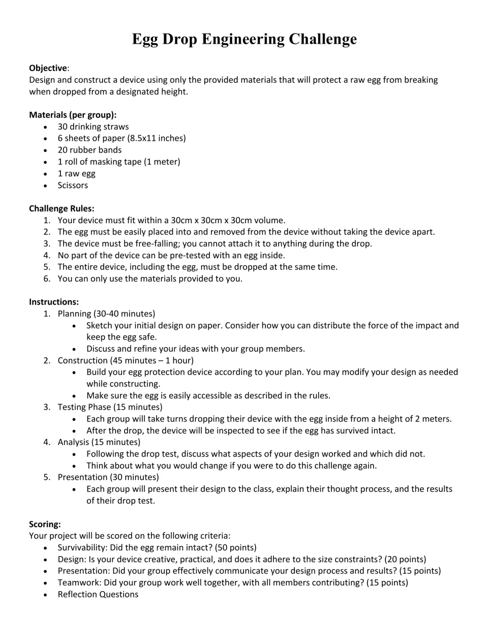 Egg drop engineering challenge: objective, materials list, six rules, five timed phases and a 100-point scoring guide